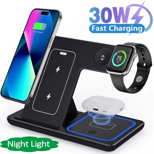 30W LED Fast Wireless Charger Stand 3 in 1 Foldable Charging Station